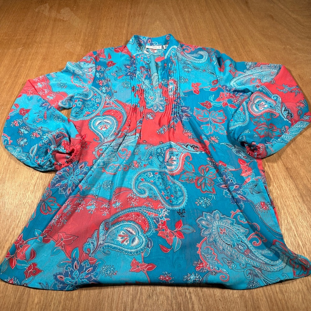 Susan Graver Tunic Top Womens XS Blue Coral Paisley Pintuck Blouse A81796